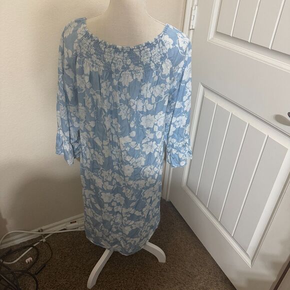 New Directions Womens Blue Floral Smocked Dress Ruffled Peasant sz L lyocell - Picture 3 of 8